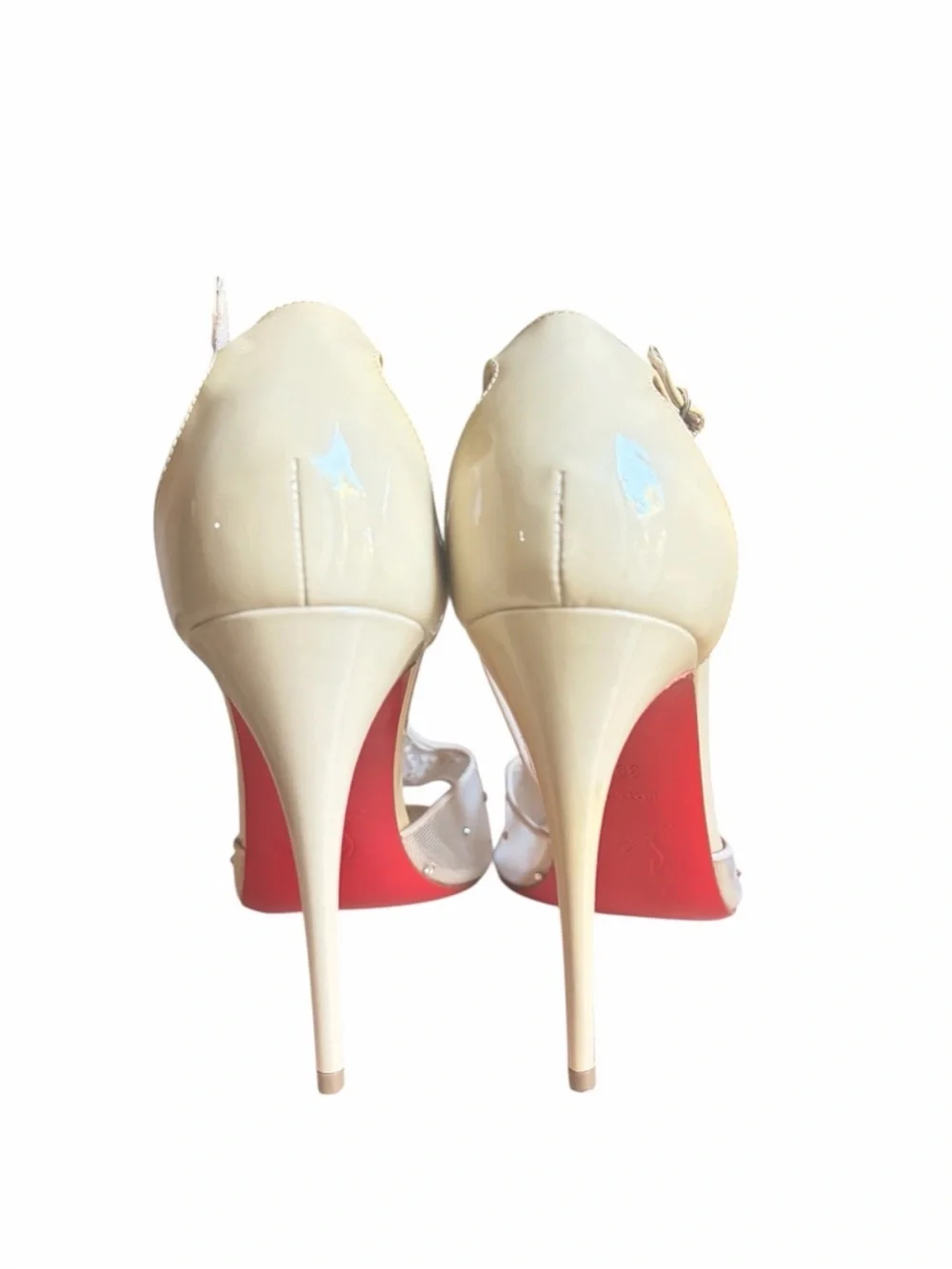 Christian Louboutin Nude Mesh T-Strap Crystal Sandal with Red Heel